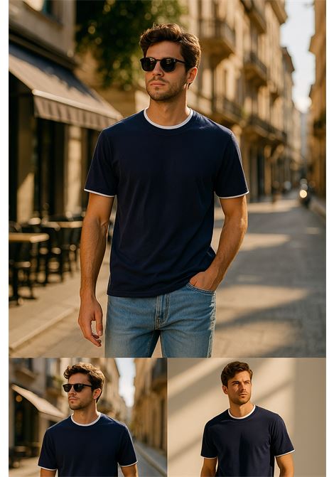 T-shirt uomo blu navy con bordo beige Paolo Pecora - maglia casual elegante PAOLO PECORA | T-shirt | F032 41696685